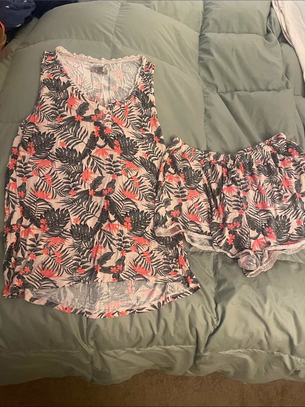 Floral Tropical Sleep Tank & Short Set - Coral & Black